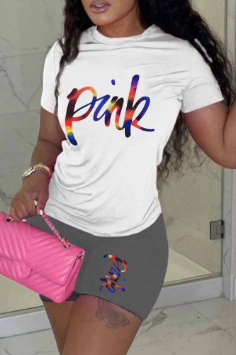 Grey Casual Print Letter O Neck Short Sleeve Two Pieces