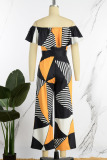 Yellow Sexy Geometric Print Patchwork Flounce Off the Shoulder Straight Jumpsuits