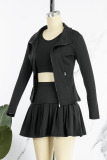 Dark Gray Casual Solid Patchwork Zipper Long Sleeve Three Pieces