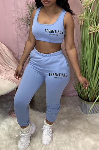 Light Blue Casual Letter Print Vests Pants U Neck Sleeveless Two Pieces