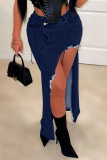 Deep Blue Sexy Patchwork High Opening Skinny High Waist Pencil Solid Color Bottoms