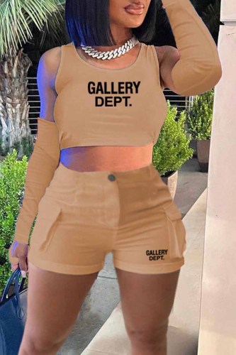 Khaki Casual Street Print Letter U Neck Three Quarter Three Pieces