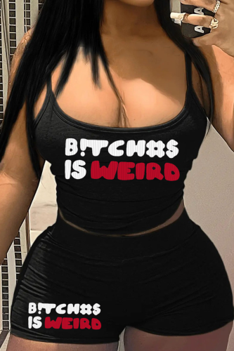 Black Sexy Print Letter Spaghetti Strap Sleeveless Two Pieces