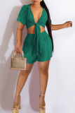 Green Sexy Street Solid Bandage Patchwork Fold Short Sleeve Two Pieces
