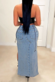 Deep Blue Sexy Patchwork High Opening Skinny High Waist Pencil Solid Color Bottoms