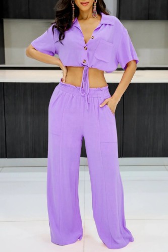 Purple Casual Solid Frenulum Turndown Collar Short Sleeve Two Pieces