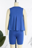 Blue Casual Solid Patchwork O Neck Sleeveless Two Pieces