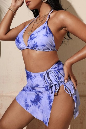 Blue Sexy Print Bandage Backless Halter Plus Size Swimsuit Three Piece Set (With Paddings)