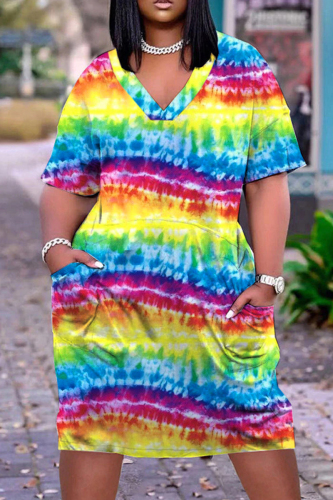 Yellow Casual Print Patchwork V Neck Short Sleeve Dress
