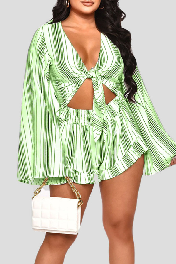 Green Casual Striped Print Bandage Patchwork V Neck Long Sleeve Two Pieces