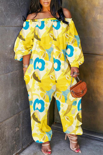Yellow Casual Print Patchwork Off the Shoulder Regular Jumpsuits