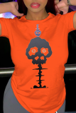Orange Casual Street Skull Patchwork O Neck T-Shirts