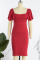 Red Casual Work Solid Patchwork Fold Square Collar One Step Skirt Dresses