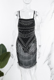 Black Sexy Solid Patchwork See-through Hot Drill Spaghetti Strap Sling Dress Dresses