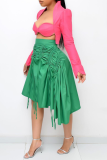 Green Casual Solid Draw String Fold Regular High Waist Type A Solid Color Bottoms