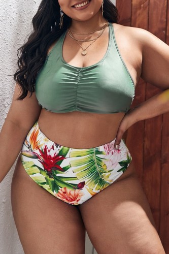 Army Green Sexy Print Bandage Backless U Neck Plus Size Swimwear (With Paddings)
