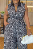 Rose Red Casual Print Polka Dot Bandage Patchwork Buckle With Belt Turndown Collar Plus Size Jumpsuits