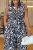 Black Casual Print Polka Dot Bandage Patchwork Buckle With Belt Turndown Collar Plus Size Jumpsuits