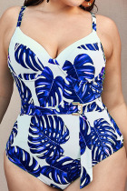 Blue Sexy Print Patchwork Spaghetti Strap Plus Size Jumpsuits