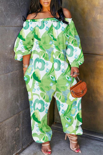 Green Casual Print Patchwork Off the Shoulder Regular Jumpsuits