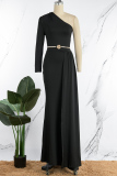 Black Sexy Formal Solid Patchwork Oblique Collar Evening Dress (Without Belt)