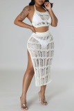 Cream White Sexy Solid Hollowed Out Patchwork Backless Slit Halter Sleeveless Two Pieces