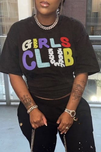 Black Casual Letter Print Basic O Neck T-Shirts