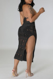 Black Sexy Solid Hollowed Out Patchwork Backless Slit Halter Sleeveless Two Pieces