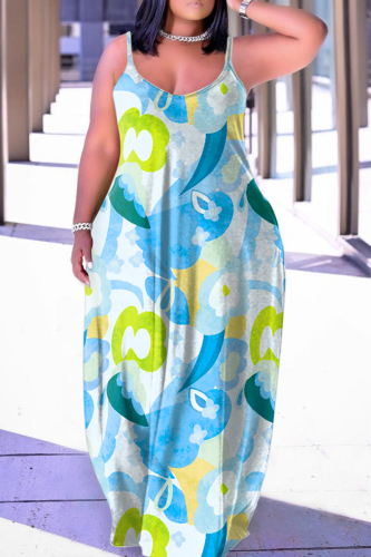 Blue Sexy Casual Print Backless Spaghetti Strap Long Dress Dresses