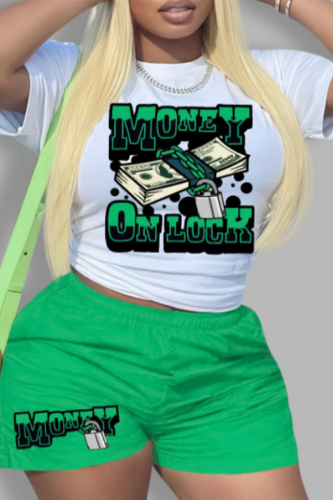 White Green Street Print Patchwork Letter O Neck Plus Size Two Pieces