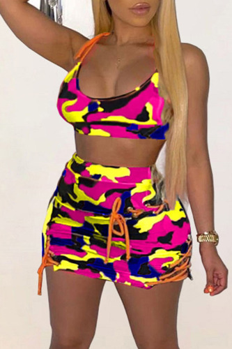 Colour Sexy Print Camouflage Print Bandage Patchwork Spaghetti Strap Two Pieces