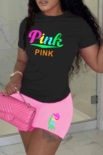 Pink Casual Print Letter O Neck Short Sleeve Two Pieces