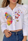 White Casual Print Patchwork Shirt Collar Tops