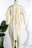 Yellow Casual Print Bandage O Neck Irregular Dress Plus Size Dresses