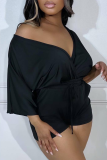 Black Sexy Solid Draw String V Neck Straight Rompers