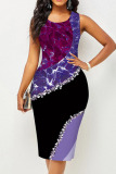 Purple Casual Print Patchwork U Neck Vest Dress Dresses