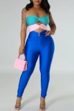 Blue Sexy Patchwork Hollowed Out Backless Contrast Strapless Skinny Jumpsuits