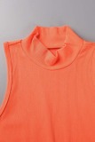 Orange Casual Solid Hollowed Out Patchwork Half A Turtleneck Sleeveless Two Pieces