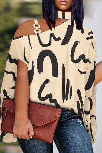 Apricot Casual Print Patchwork Asymmetrical Collar Plus Size Tops