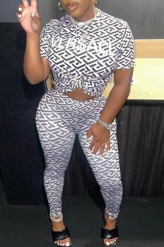 White Casual Letter Print Basic O Neck Short Sleeve Two Pieces