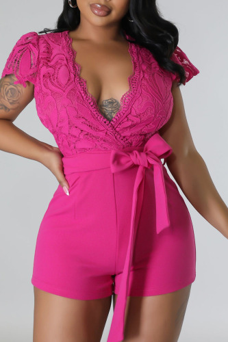 Rose Pink Sexy Solid Bandage Patchwork V Neck Regular Rompers