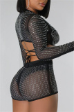 Black Sexy Party Hot Drilling See-through Hot Drill O Neck Long Sleeve Two Pieces