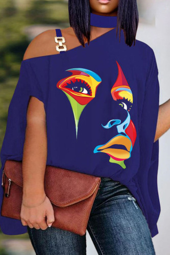 Blue Casual Print Patchwork Asymmetrical Collar Plus Size Tops