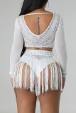 White Sexy Patchwork Hot Drilling Tassel See-through O Neck Long Sleeve Two Pieces