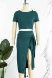 Green Casual Solid Bandage Patchwork Slit O Neck Short Sleeve Two Pieces