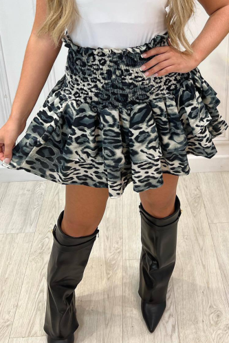 Grey Sexy Leopard Flounce Skinny High Waist Type A Full Print Bottoms