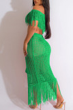 Green Sexy Solid Tassel Hollowed Out Patchwork Off the Shoulder Short Sleeve Two Pieces