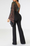 Green Sexy Solid Sequins Patchwork V Neck Straight Jumpsuits
