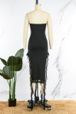 Black Sexy Casual Solid Backless Slit Strapless Irregular Dress Dresses