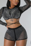 Black Sexy Party Hot Drilling See-through Hot Drill O Neck Long Sleeve Two Pieces